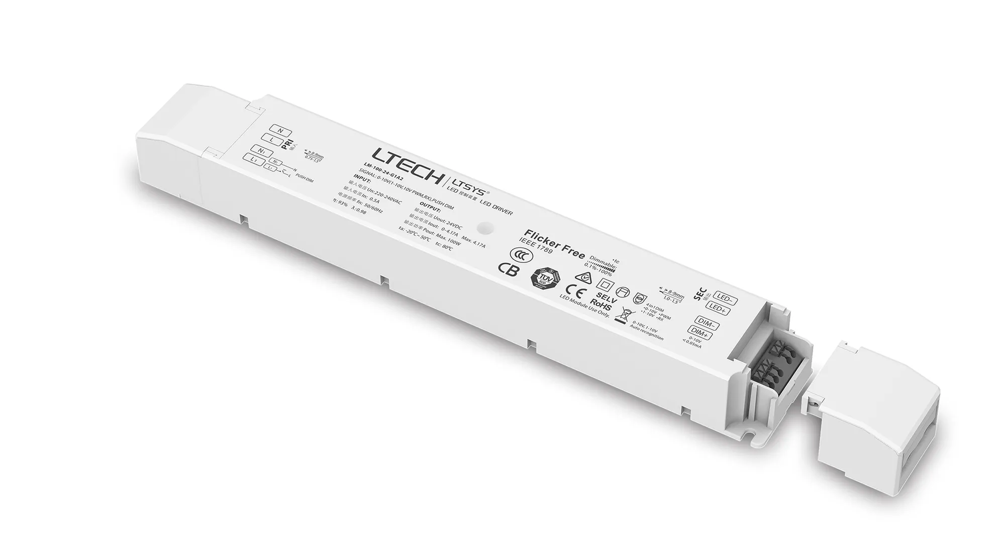 0-10V/1-10V/10V PWM/RX/Push DIM, 0-100% Dim, CV 100W, 24Vdc 4.17A, 200-240Vac, IP20, 5yrs Warranty. LM-100-24-G1A2  LTECH Constant Voltage